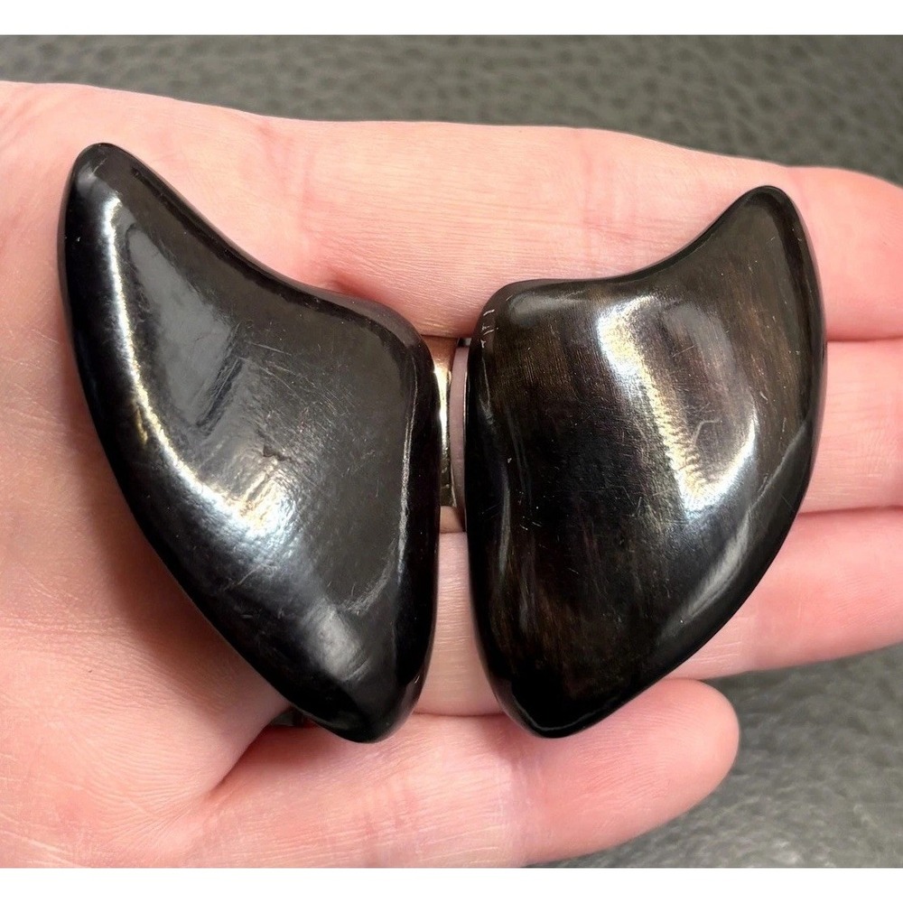Vintage Gerda Lynggaard Monies Black & Brown Faux Horn Clip-on Earrings Signed